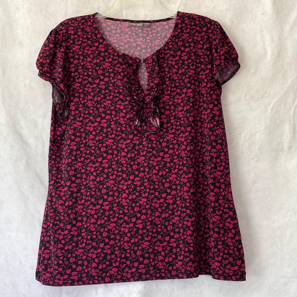 Apt. 9 Black & Burgundy Small Floral Print Cap Sleeve Blouse Top Size XL
